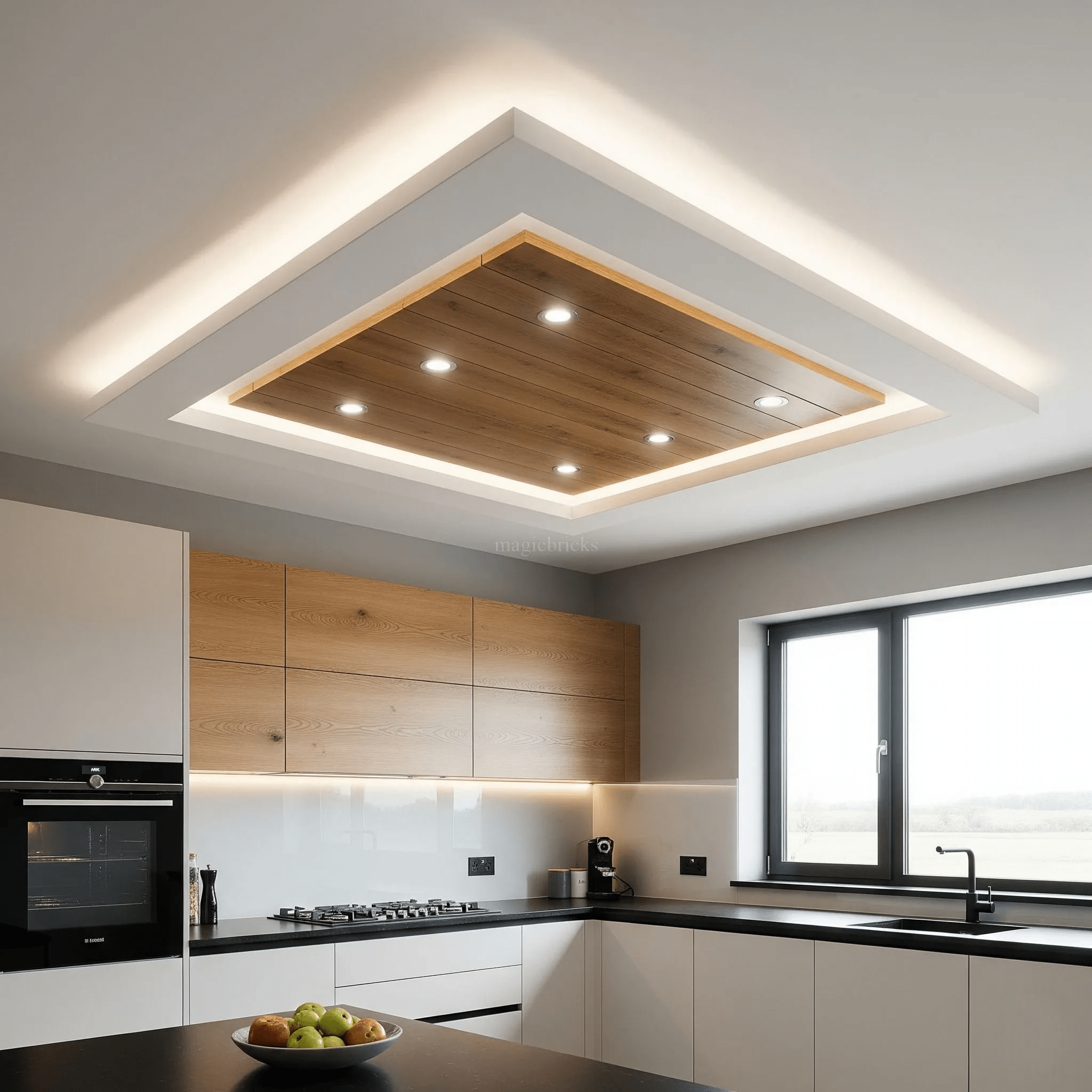 Mẫu trần thạch cao cho phòng bếp phối ốp gỗ ở ô trung tâm, hắt sáng viền ấm cúng