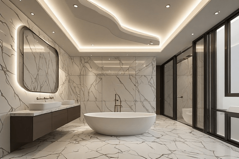 Mẫu trần thạch cao cho phòng tắm có bồn tắm, hắt sáng viền uốn lượn tạo cảm giác thư giãn