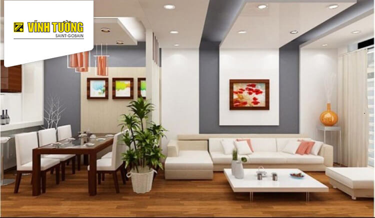 Phòng khách chung cư làm trần thạch cao phòng khách liền bếp, tiết kiệm không gian