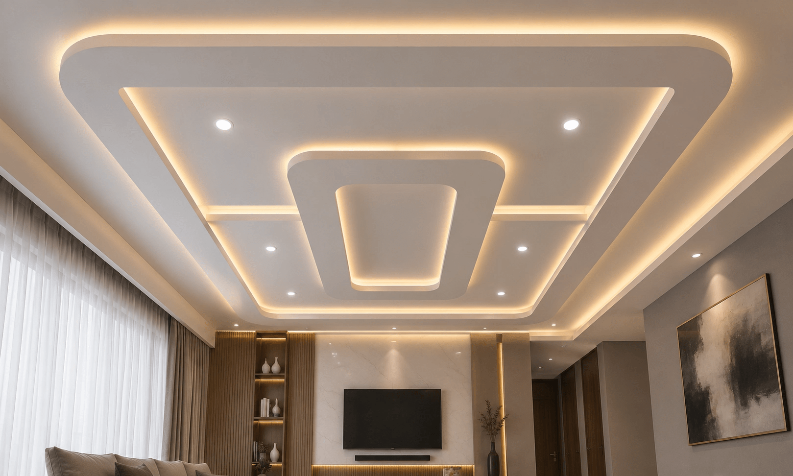 Mẫu trần thạch cao giật 1 cấp dành cho phòng khách