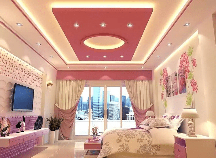 Mẫu trần thạch cao phòng ngủ màu hồng dễ thương