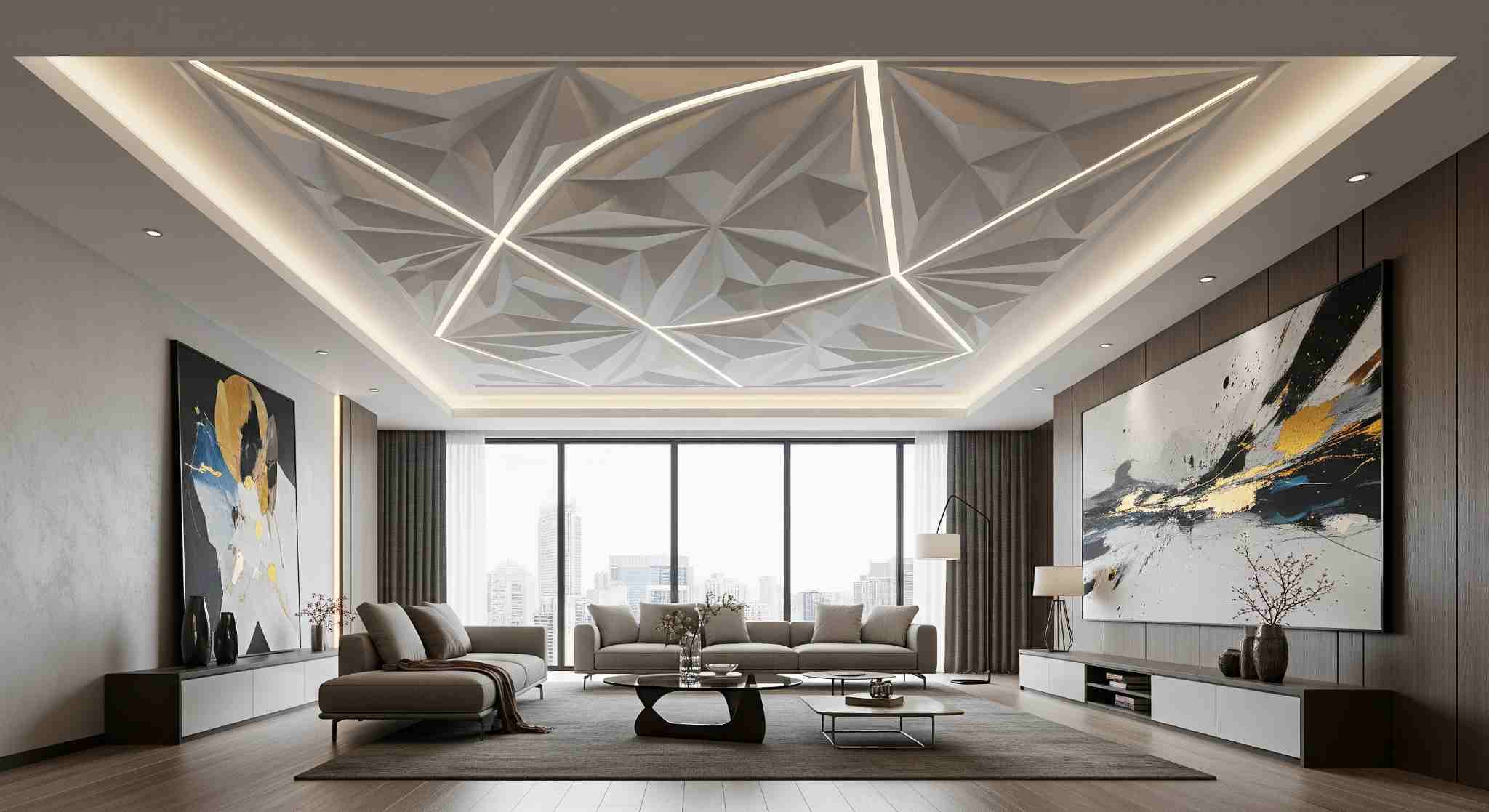 Mẫu trần thạch cao 3 cấp phòng khách với họa tiết độc đáo, ấn tượng