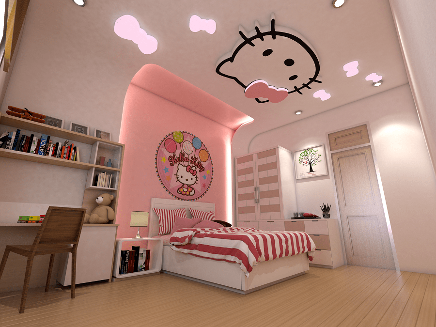 Mẫu trần thạch cao cho phòng ngủ bé gái họa tiết Hello Kitty