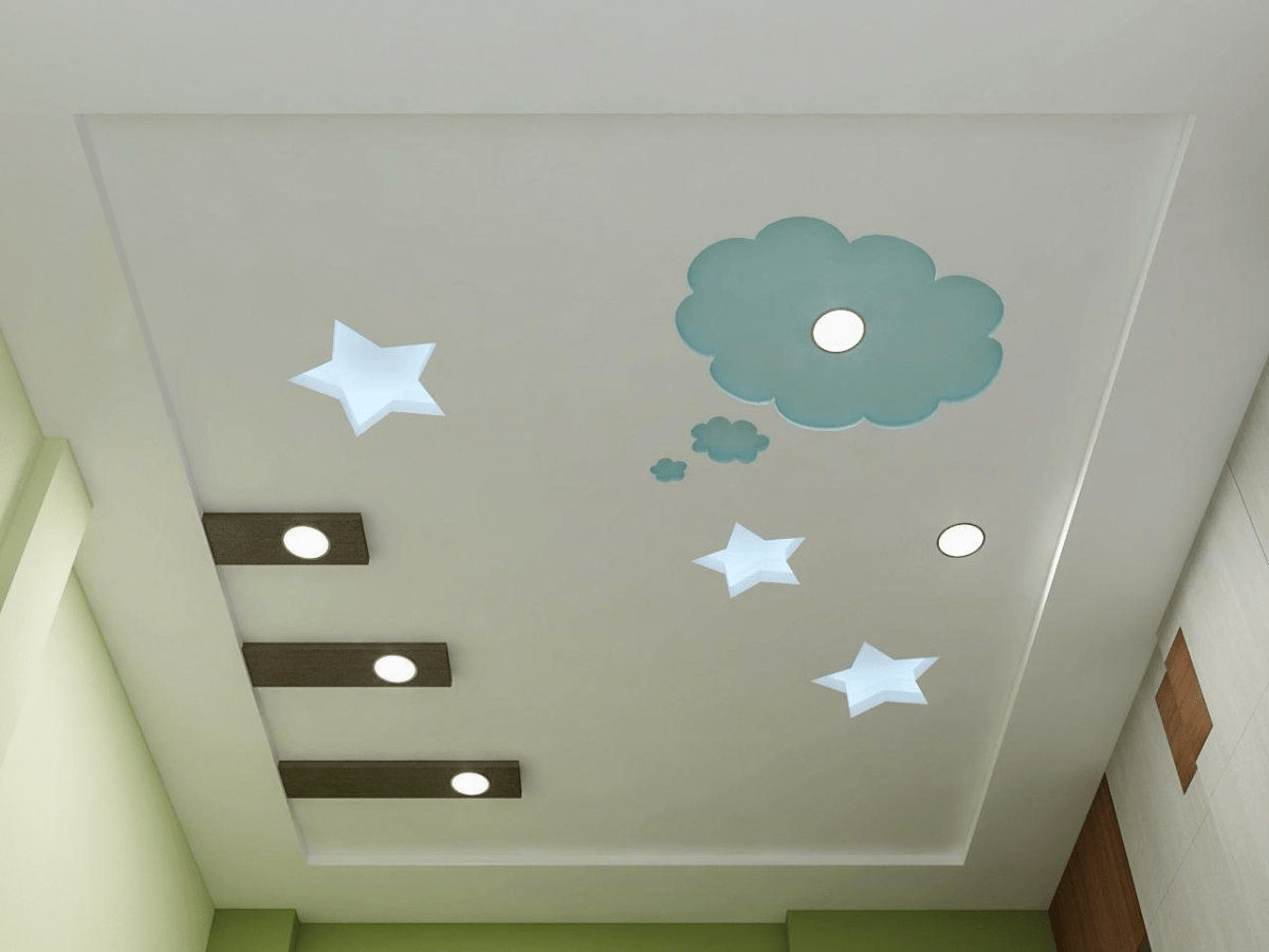 Mẫu trần thạch cao hình ngôi sao kết hợp với họa tiết đám mây cho phòng ngủ chung 