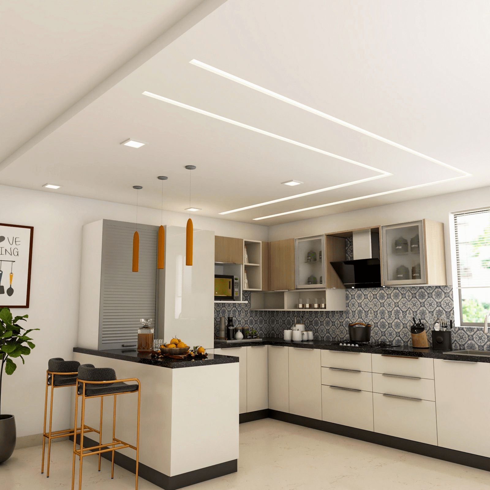 Mẫu trần thạch cao phẳng cho phòng bếp kết hợp đèn LED âm trần dạng thanh, tạo điểm nhấn hiện đại
