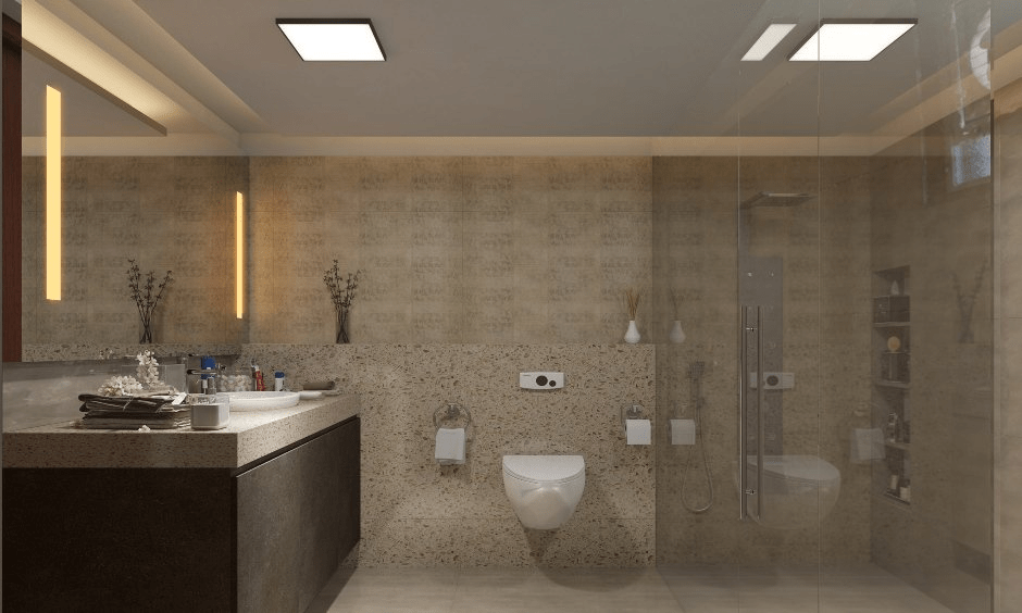 Mẫu trần thạch cao phẳng cho phòng tắm kết hợp đèn panel âm trần, tối giản và hiện đại