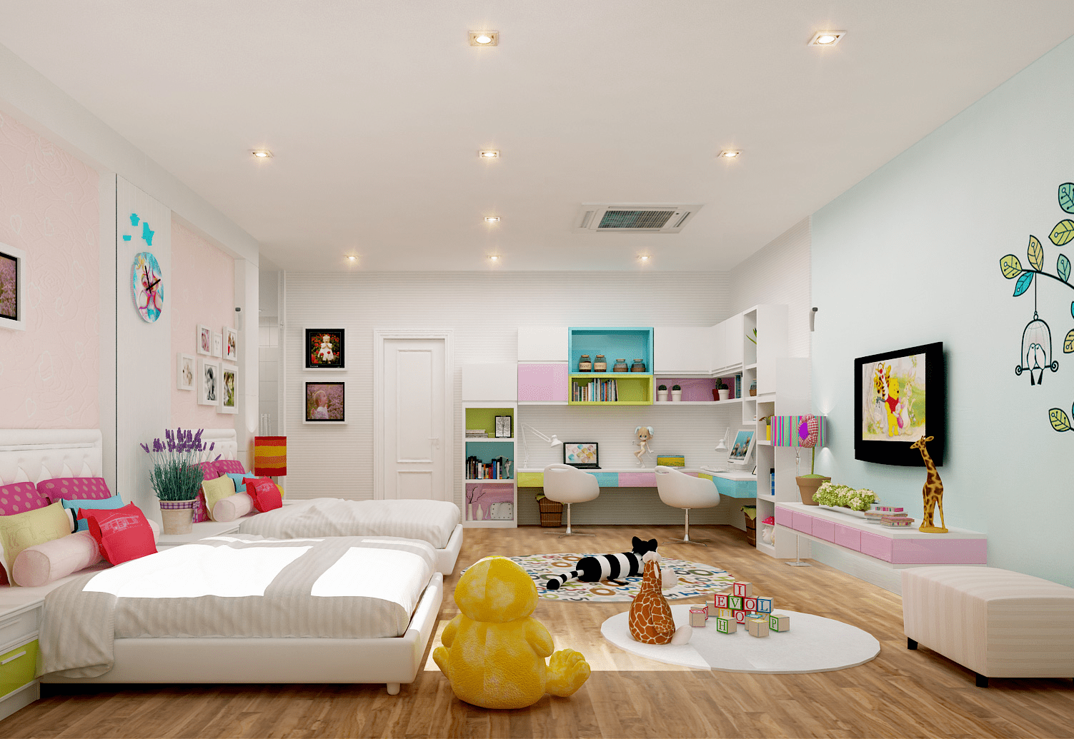 Mẫu trần thạch cao phẳng cho phòng ngủ trẻ em đẹp, màu sắc hài hòa với tổng thể không gian