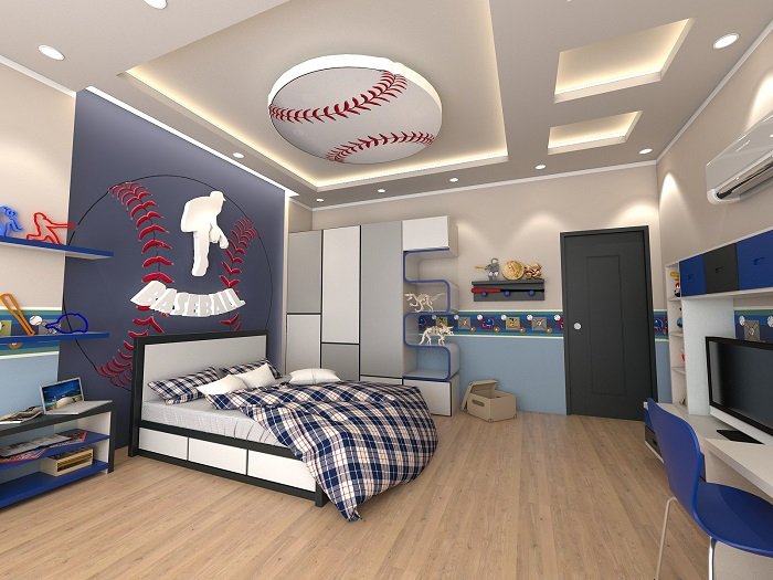 Trần thạch cao phòng ngủ bé trai với chủ đề bóng chày