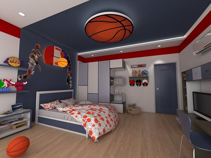 Trần thạch cao phòng ngủ cho trẻ em họa tiết bóng rổ