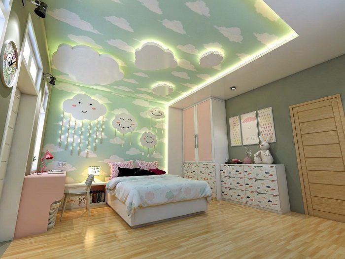 Mây hồng cho phòng ngủ bé gái đẹp nhẹ nhàng