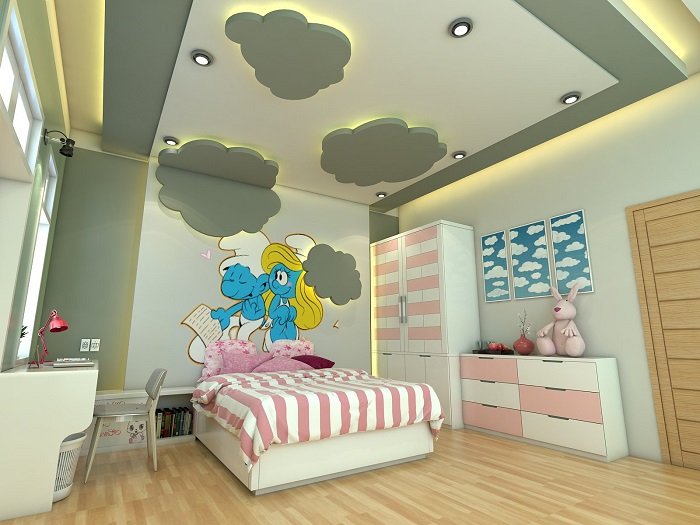 Trần thạch cao phòng ngủ đẹp cho bé gái, kết hợp nhân vật hoạt hình xì trum đáng yêu.