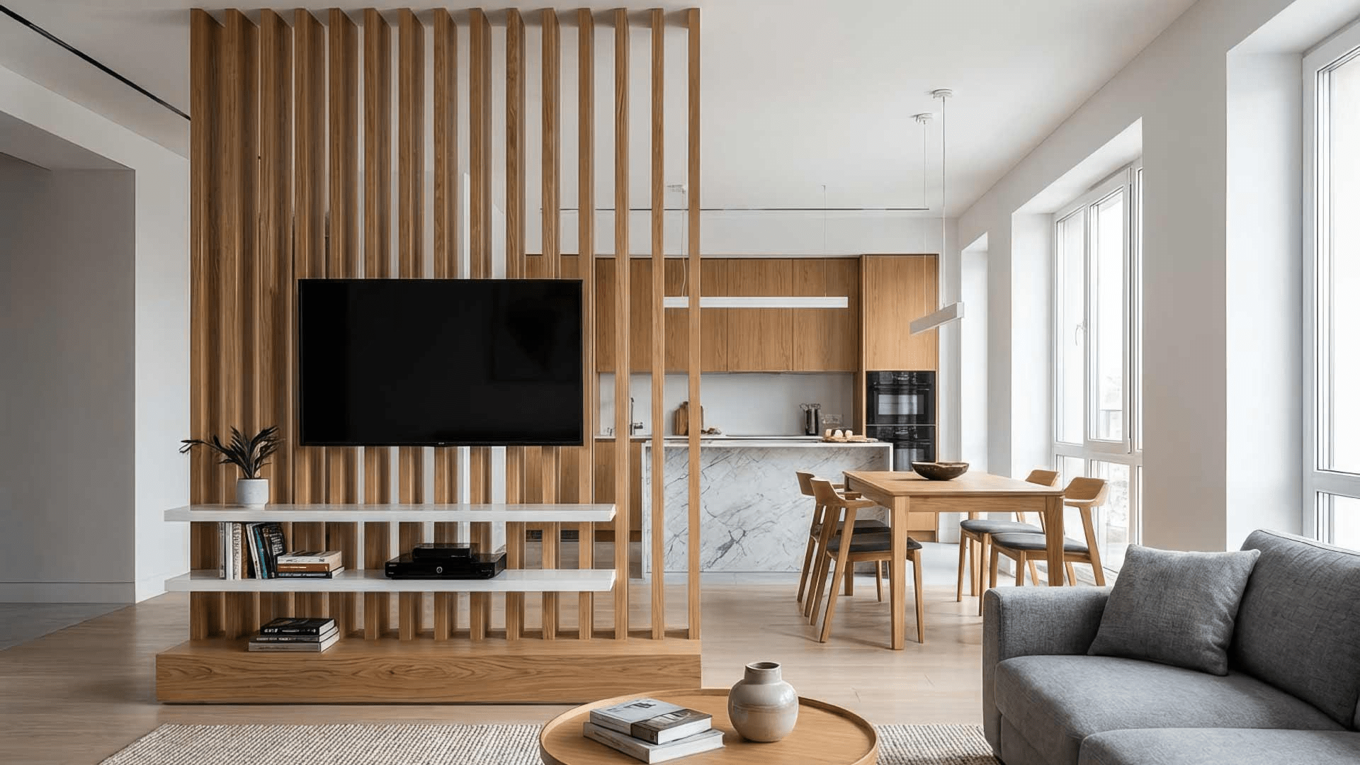 Mẫu vách nan gỗ tạo ranh giới nhẹ nhàng giữa phòng khách và bếp