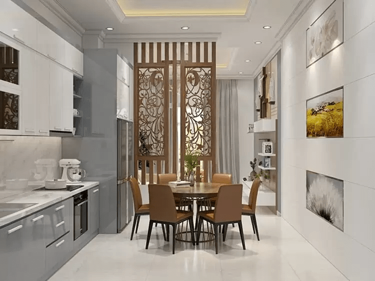 Mẫu vách ngăn đẹp cho phòng khách và bếp bằng gỗ tự nhiên