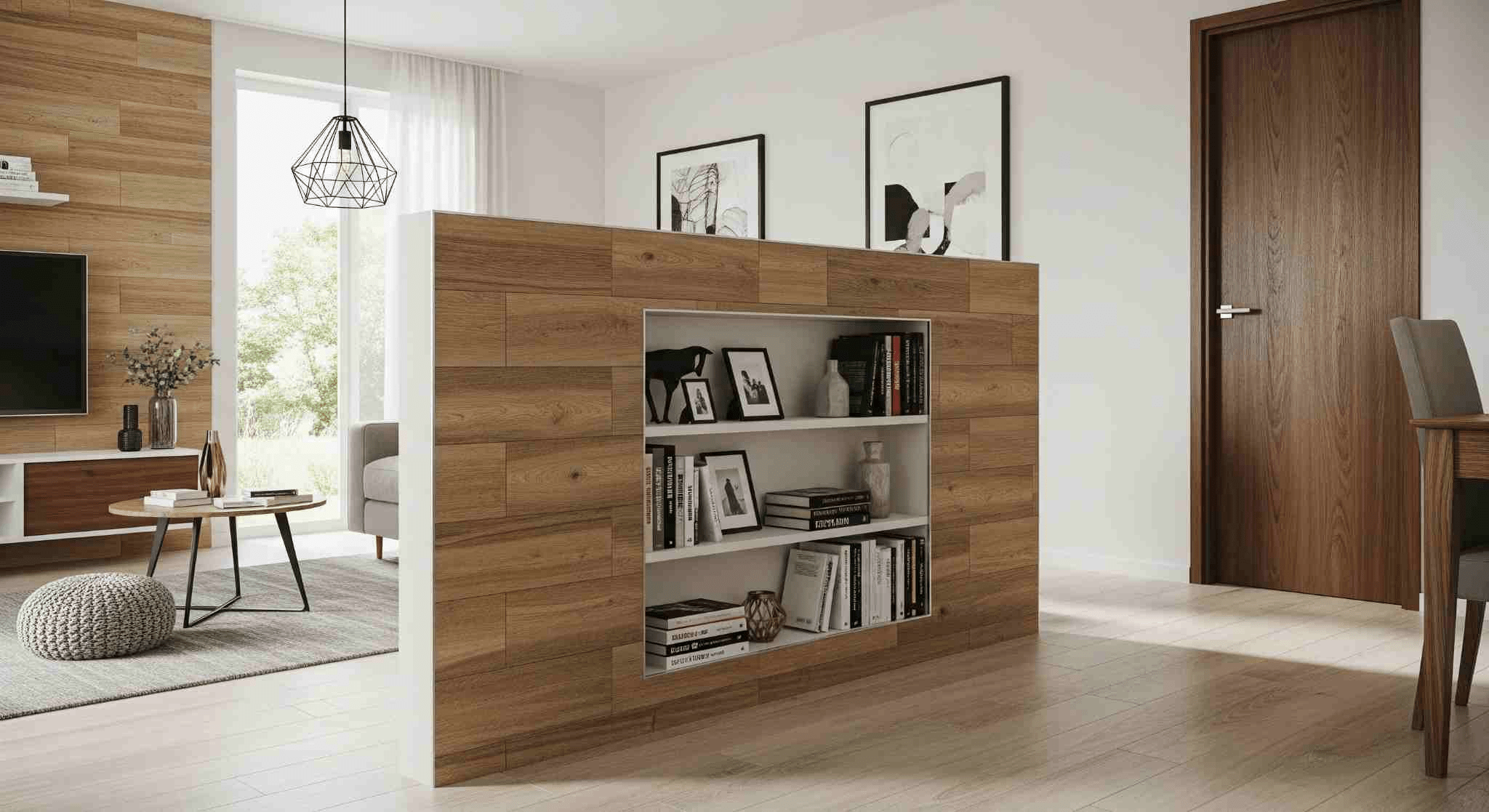 Mẫu vách ngăn phòng khách lửng không gian mở tích hợp kệ đựng đồ