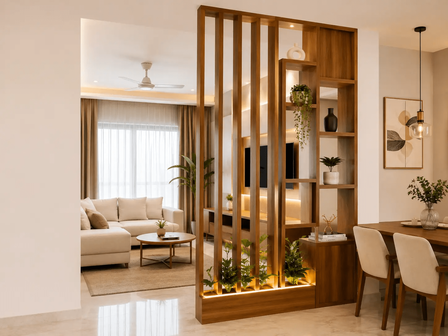 Mẫu vách ngăn phòng khách nhà ống bằng gỗ công nghiệp hiện đại