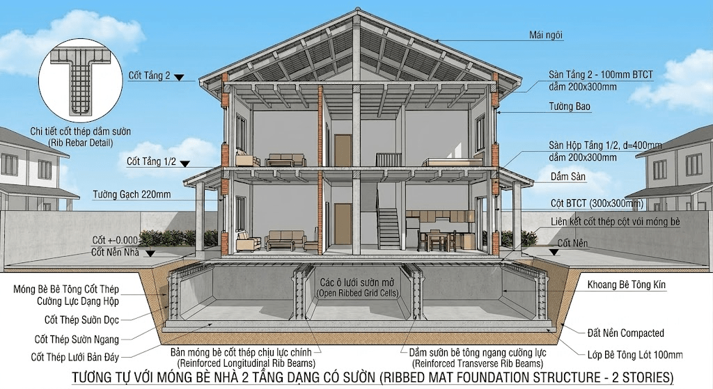 Móng bè dạng có sườn giúp tiết kiệm vật liệu bê tông cốt thép sử dụng