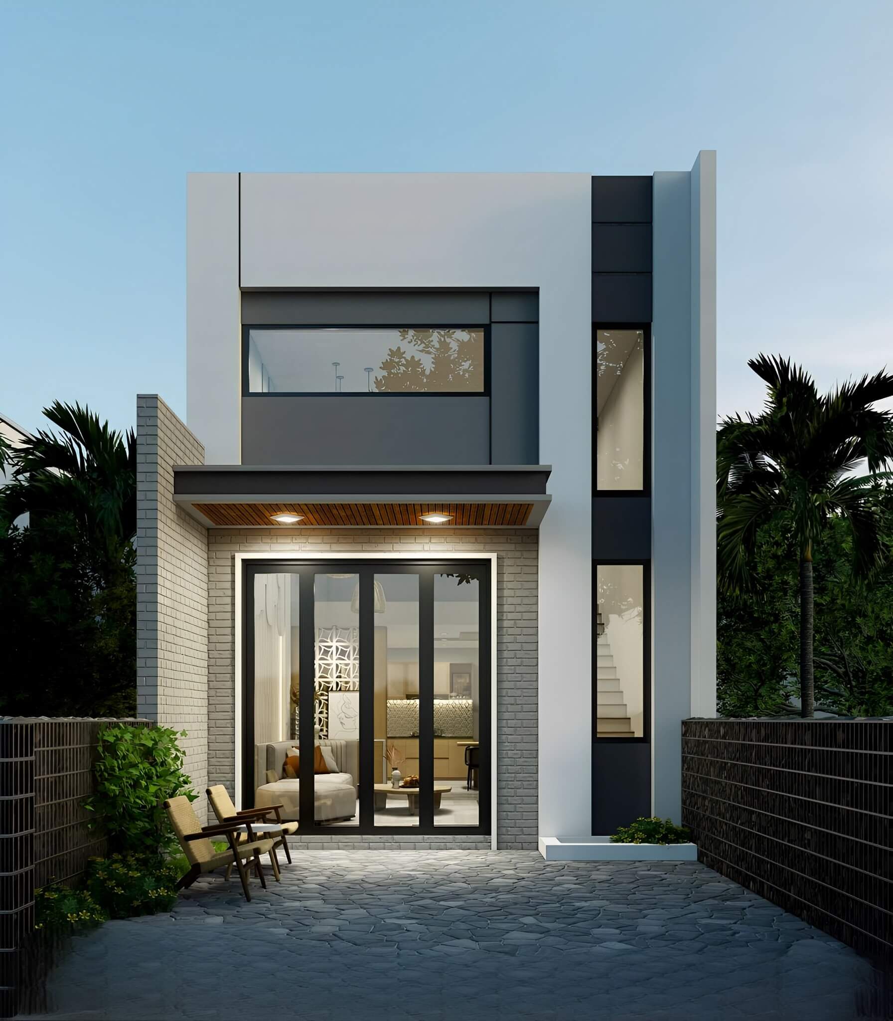 nhà 1 trệt 1 lầu 1 lửng tối giản 