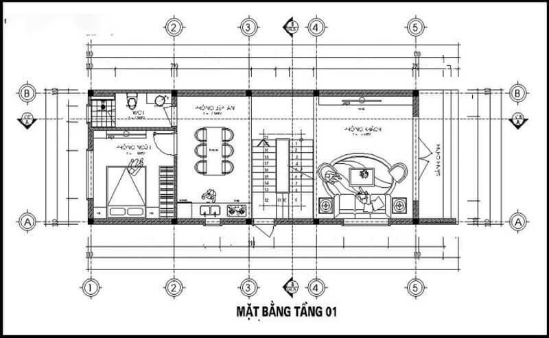 bản vẽ thiết kế nhà 1 trệt 1 lầu 5x20m 