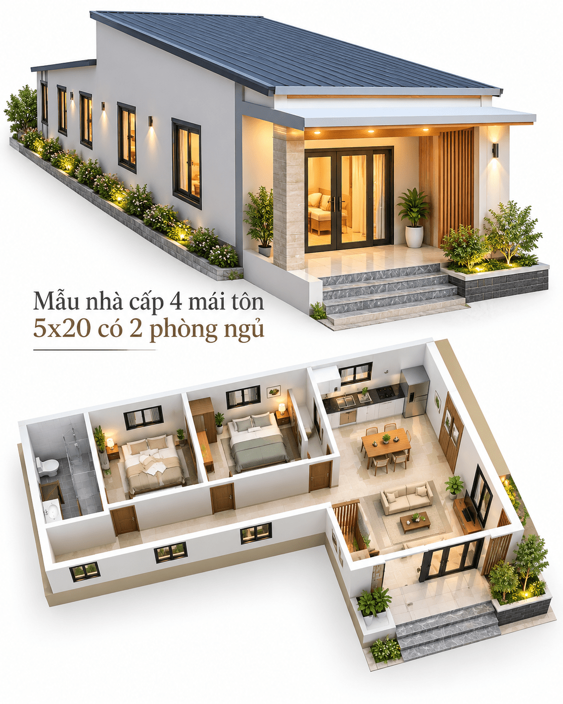 Nhà cấp 4 5x20 mái tôn 2 phòng ngủ, mặt tiền hiện đại có sân nhỏ