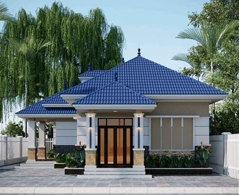 Nhà cấp 4 5x20 mái tôn giả ngói, mặt tiền có hai cột vuông và cửa gỗ