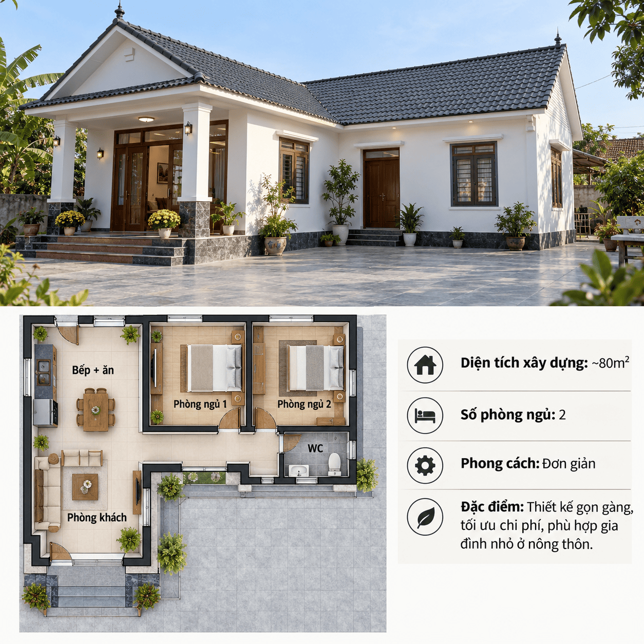 mẫu nhà chữ L cấp 4 80m2