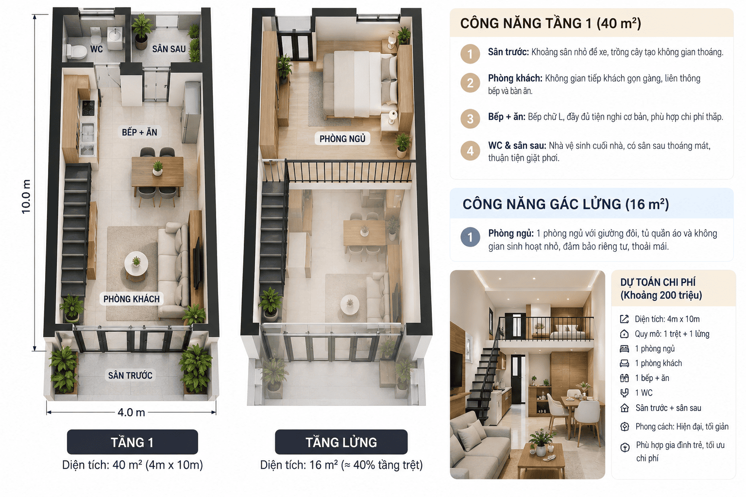 Bản vẽ nhà cấp 4 gác lửng 200 triệu