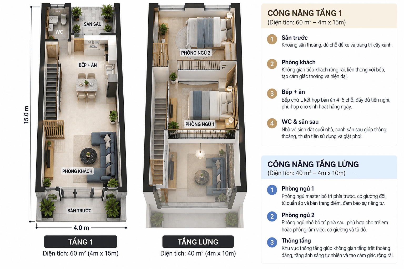 bản vẽ công năng nhà cấp 4 gác lửng 4x15m