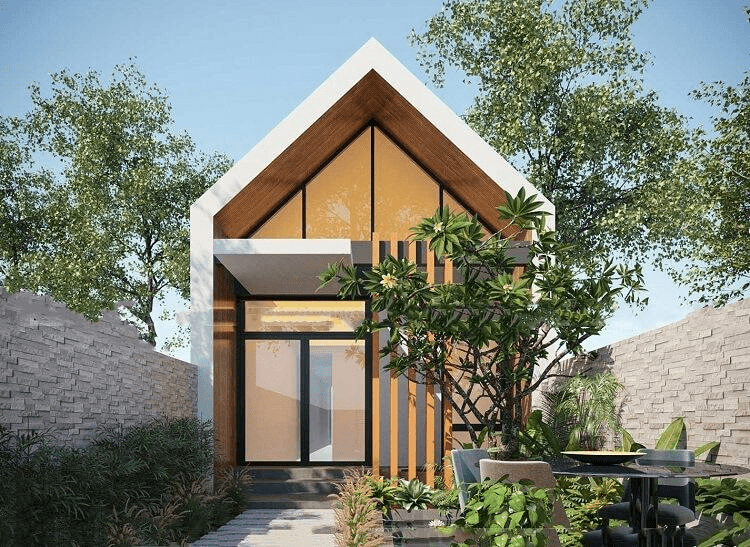 Nhà cấp 4 mái chữ A kết hợp cửa kính lớn và hiên trước