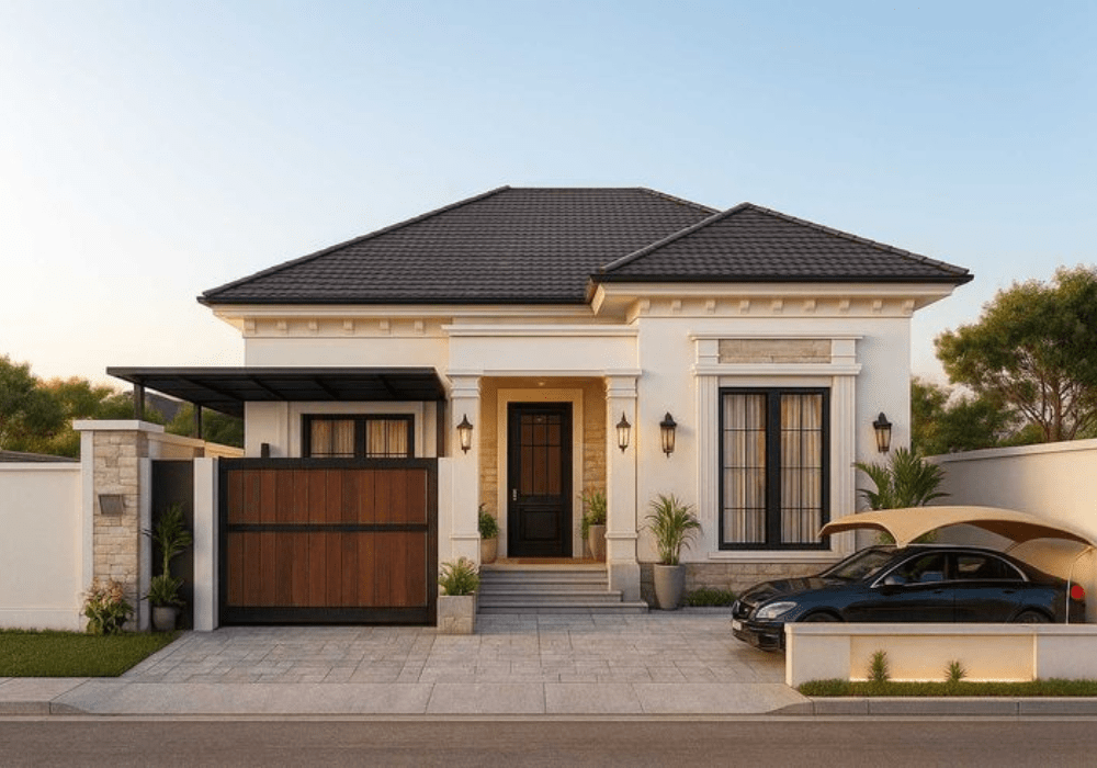 Nhà cấp 4 mái Nhật 3 phòng ngủ có trang trí tường nhà đẹp với hiện đại kết hợp thêm cửa gỗ sang trọng