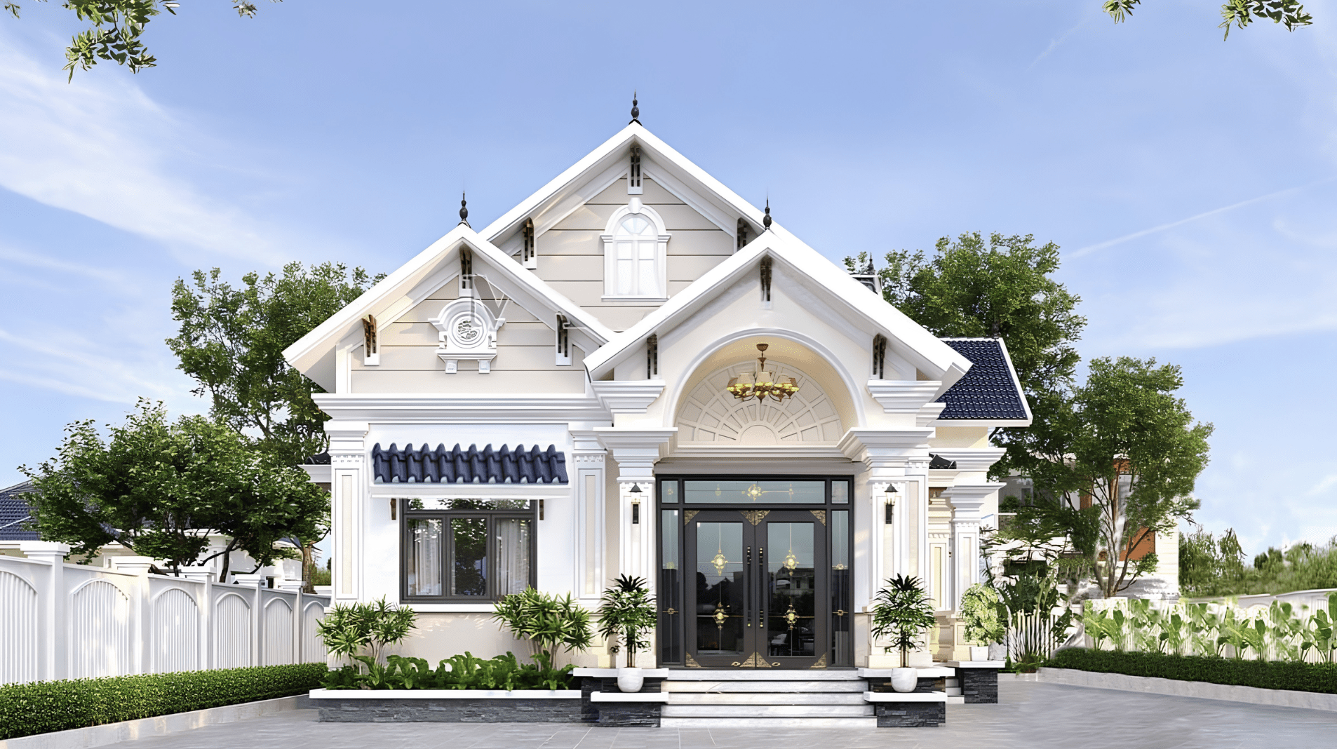 Nhà cấp 4 mái Thái 120m2 được lắp đèn chùm trước sảnh chính lối vào