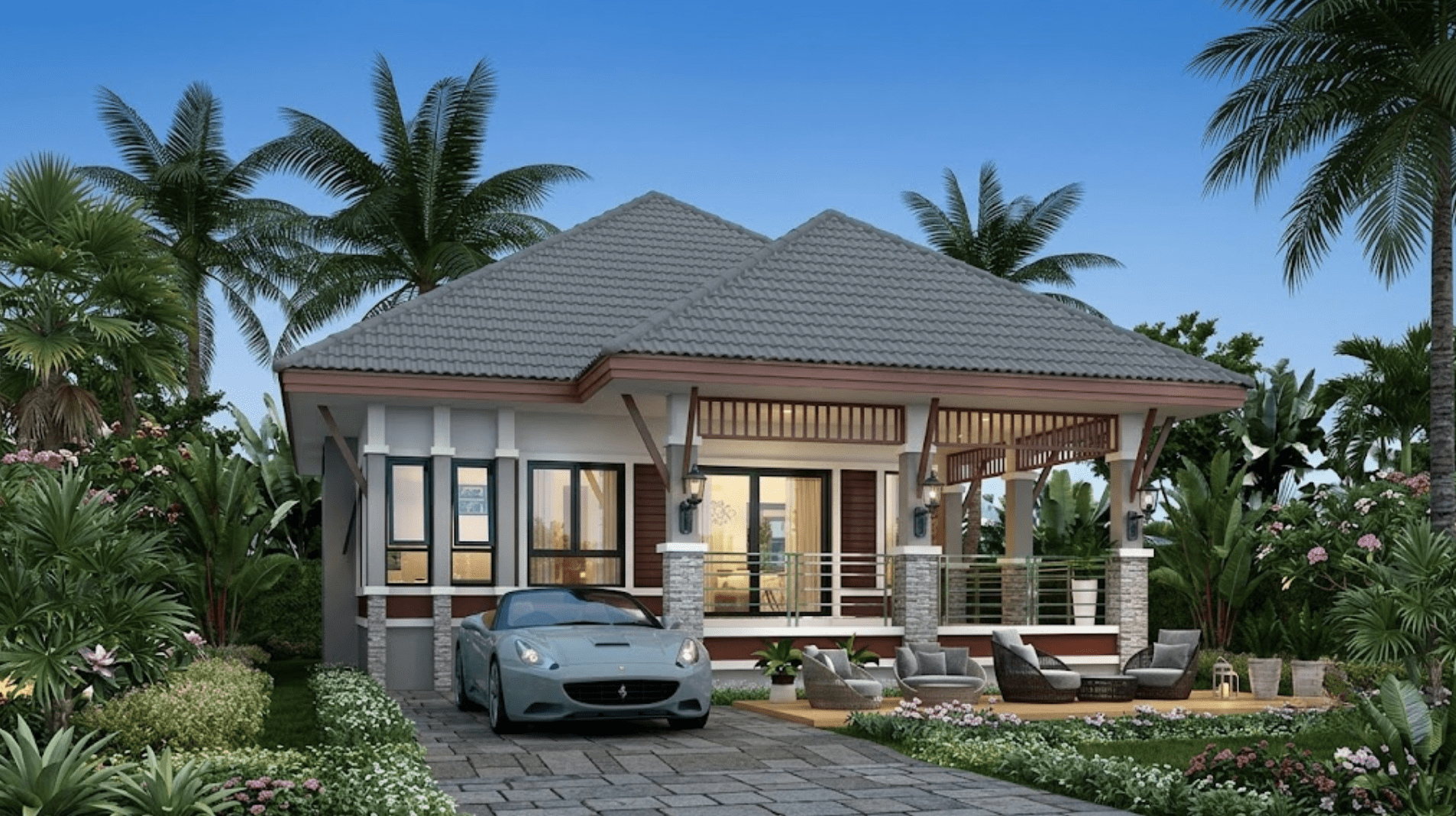 Nhà cấp 4 mái Thái 2 phòng ngủ có sân vườn