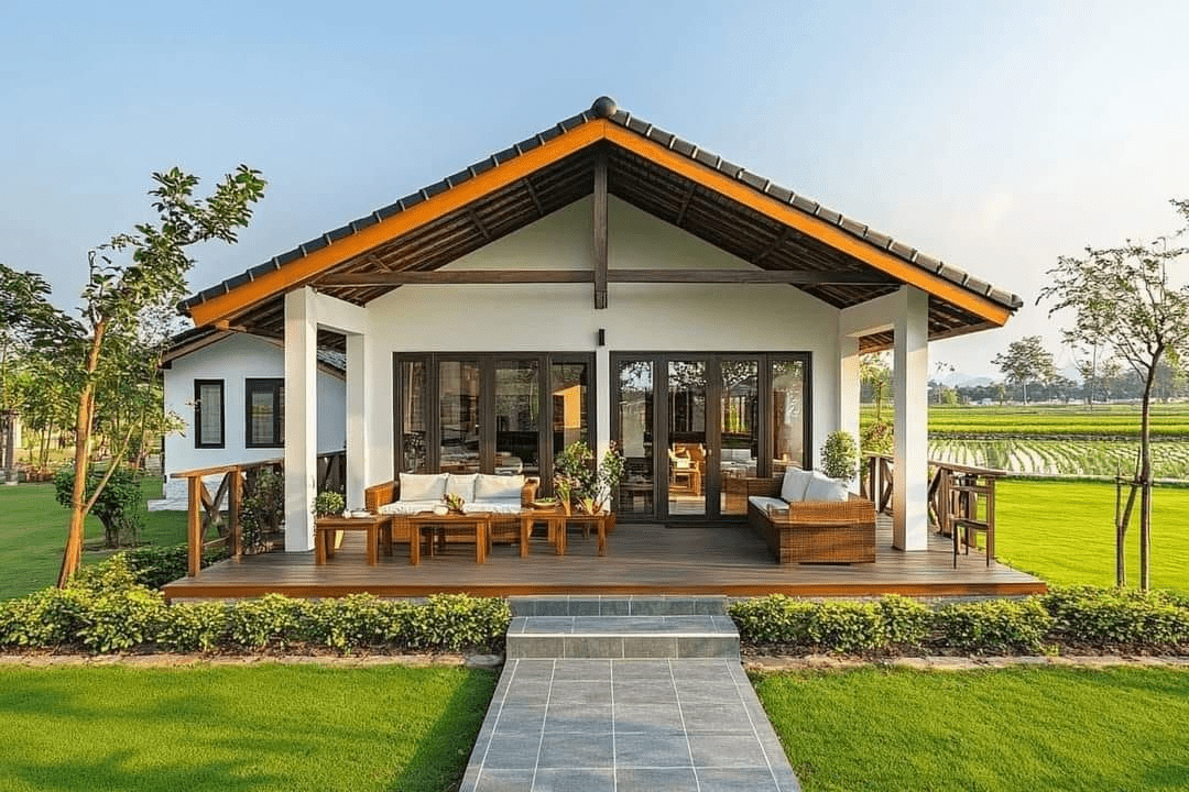 Nhà cấp 4 mái Thái ở nông thôn có hiên nhà rộng rãi