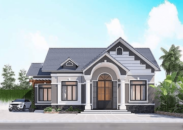 Nhà cấp 4 mái Thái 120m2 có gác lửng màu trắng - xám