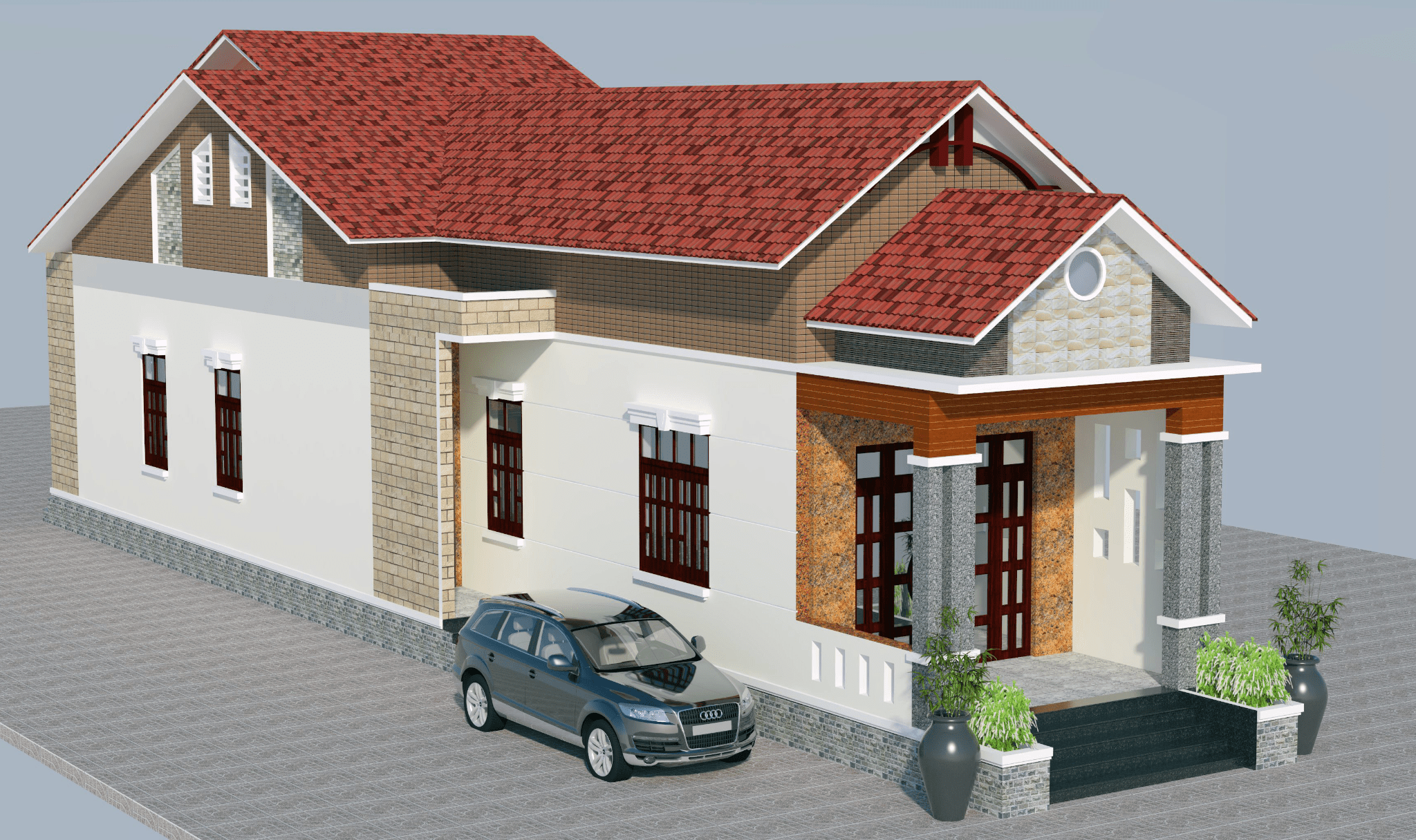 Nhà cấp 4 mái Thái 3 phòng ngủ dạng ống