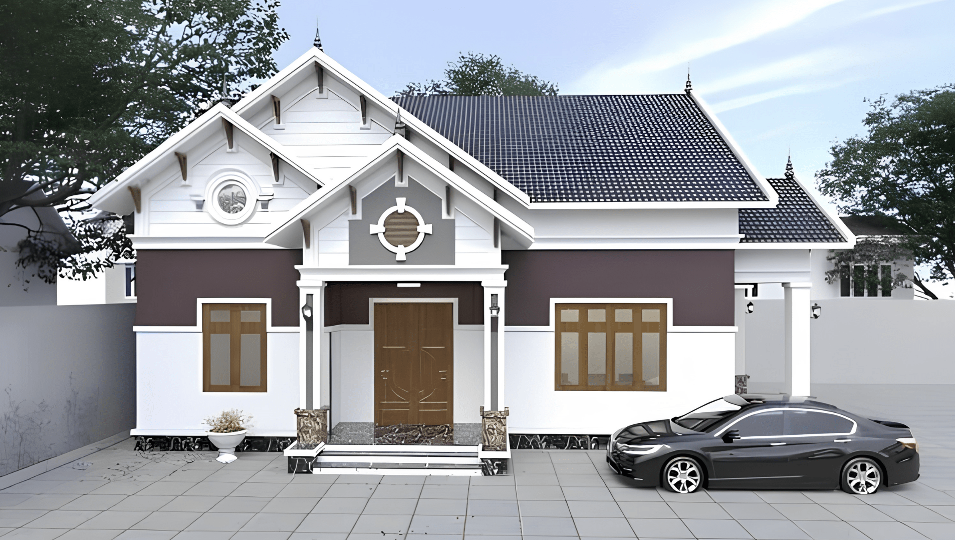 Nhà cấp 4 mái Thái có gara và khoảng sân rộng rãi