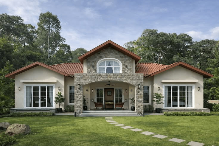 Nhà cấp 4 mái Thái 4 phòng ngủ được thiết kế đá ốp gạch hấp dẫn