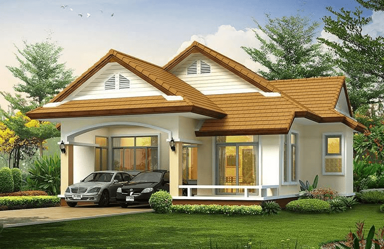 Nhà cấp 4 mái Thái 4 phòng ngủ màu vàng nâu có gara