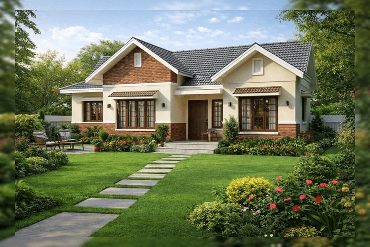 Nhà cấp 4 mái Thái 4 phòng ngủ tông nâu - xám đơn giản