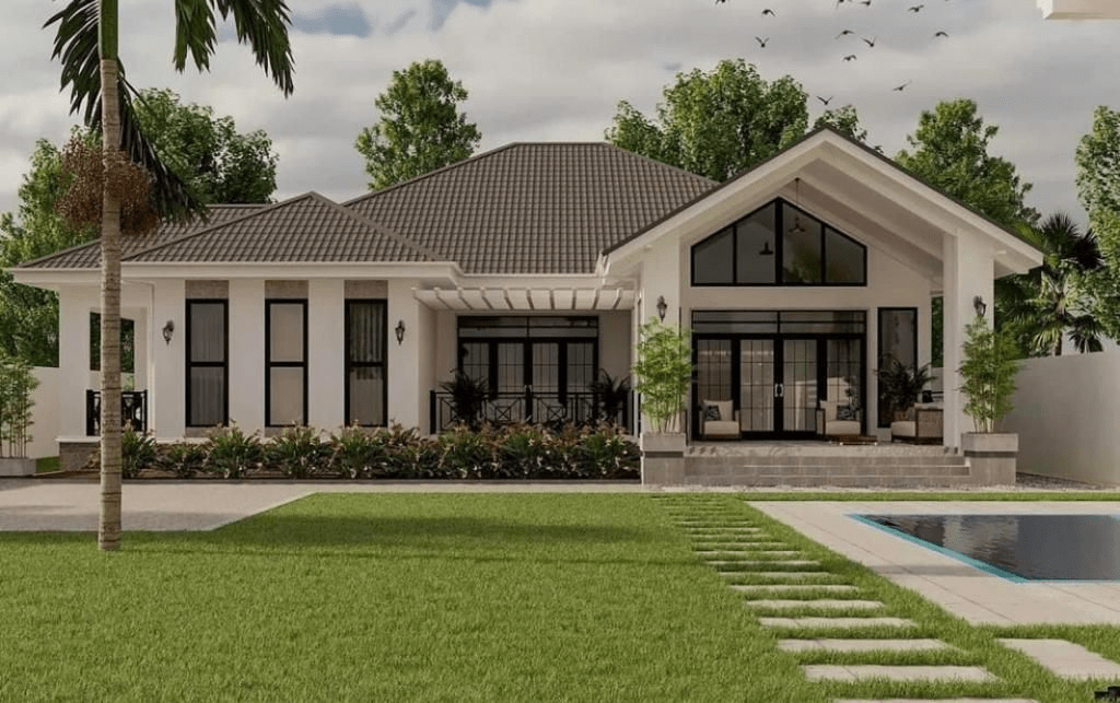 Nhà cấp 4 mái Thái 80m2 có hệ thống cửa kính trong suốt đón sáng