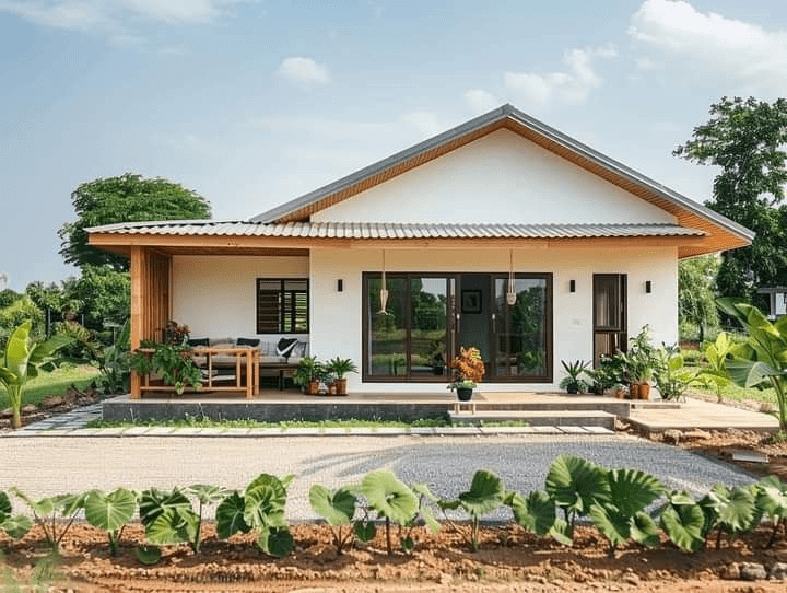 Nhà cấp 4 mái Thái ở nông thôn có vườn trồng rau