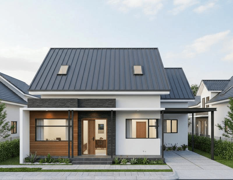 Nhà cấp 4 mái tôn 2 mái kết hợp hiên trước và cửa kính lấy sáng