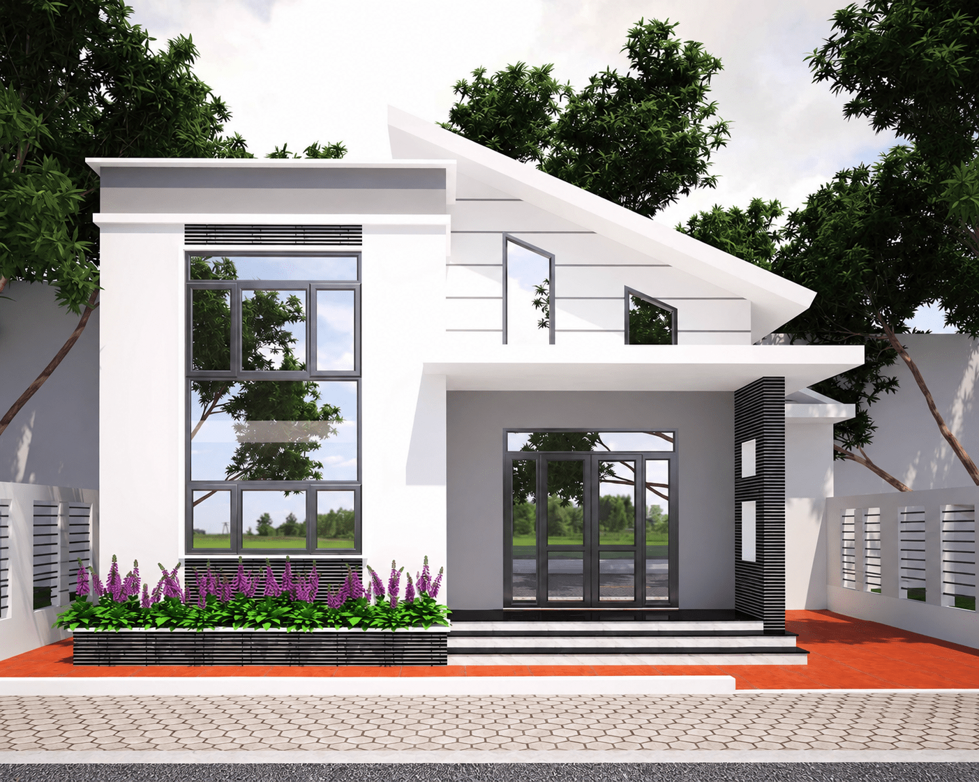 Nhà cấp 4 mái tôn 5x20 có gác lửng, phối cảnh mặt tiền và không gian thông tầng