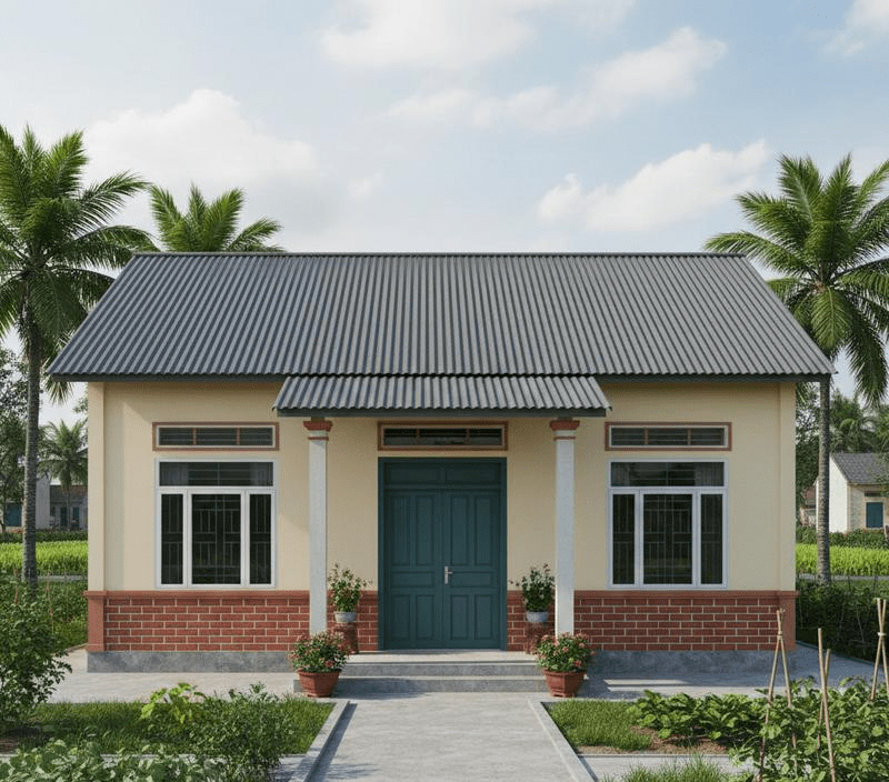 Nhà cấp 4 mái tôn 5x20 thiết kế tối giản, mái dốc nhẹ và khoảng sân trước