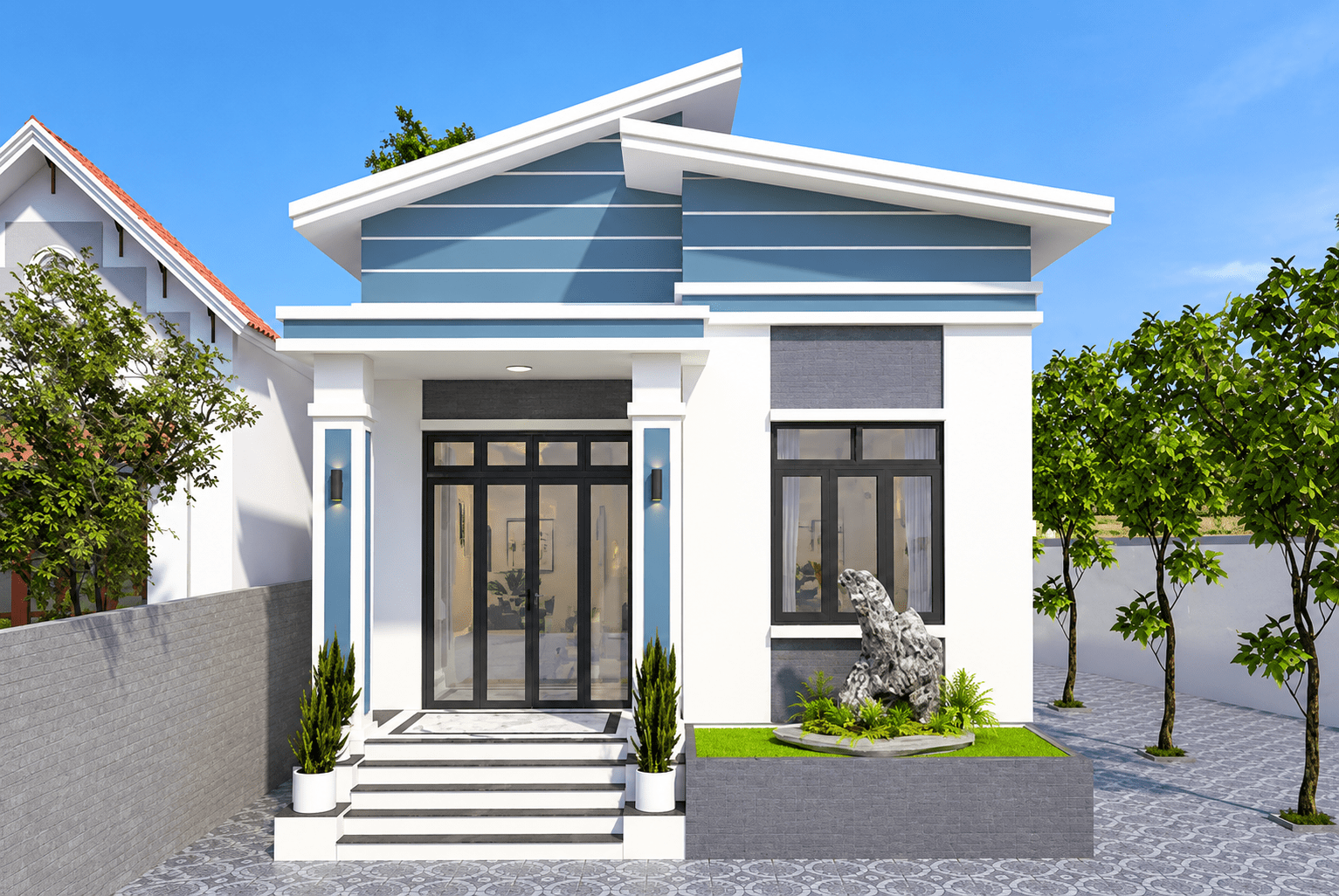 Nhà cấp 4 mái tôn lệch 5x20 có hình khối bất đối xứng, thiết kế hiện đại