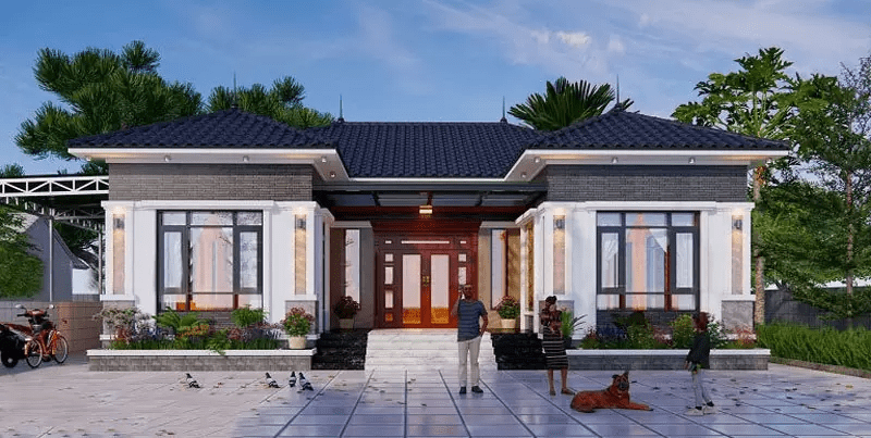 Nhà chữ U kết hợp mái Nhật có vách ngăn bằng thạch cao đẹp mắt