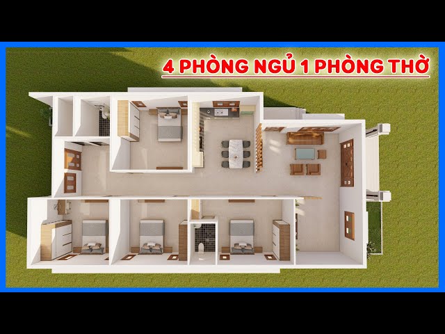 Bản vẽ nhà cấp 4 mái Nhật 4 phòng ngủ 1 phòng thờ tiện nghi