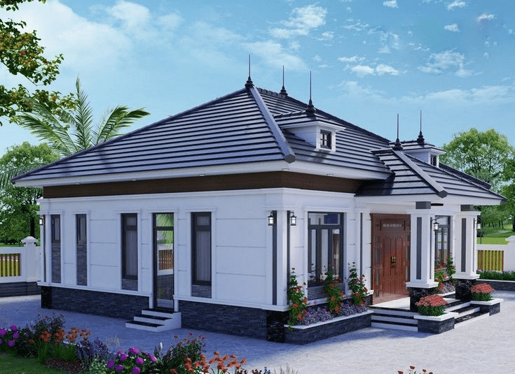 Mẫu nhà mái Thái 1 tầng diện tích 120m2 thường được thiết kế với 3 phòng ngủ và khu sinh hoạt rộng rãi