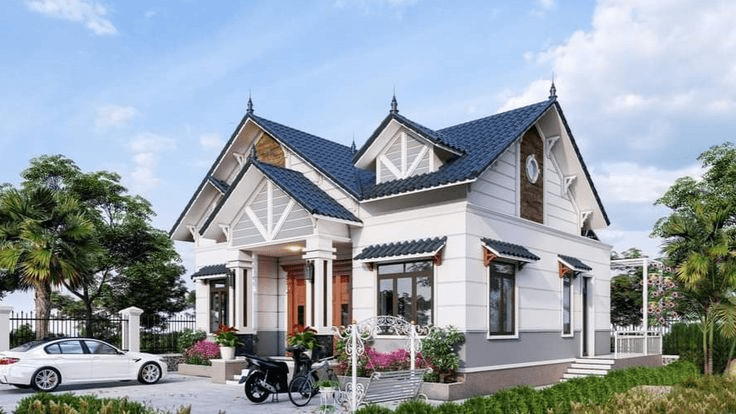Mẫu nhà mái Thái 1 tầng 1 tum thích hợp cho những gia đình muốn có thêm không gian thờ cúng hoặc kho chứa