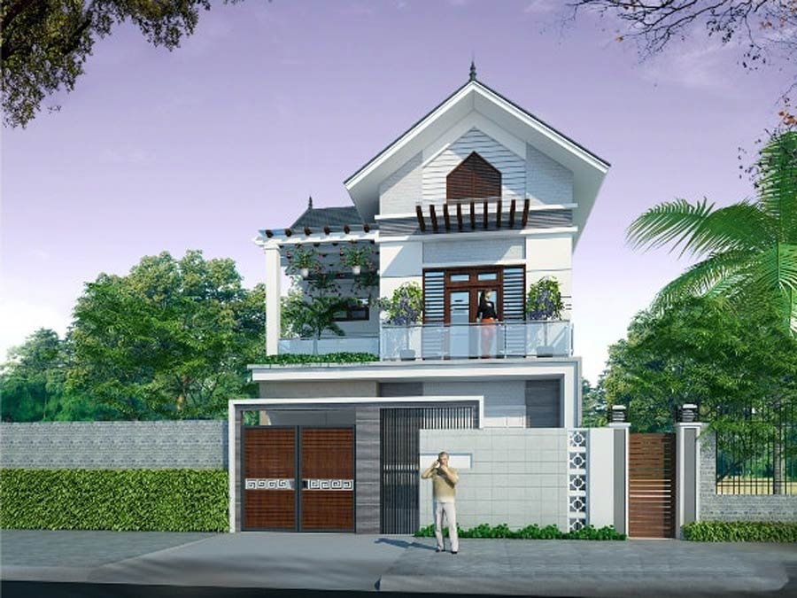 nhà mái thái 2 tầng 1 tum tối giản 