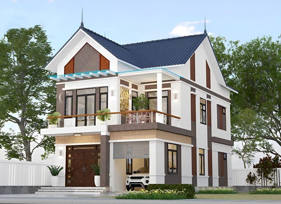 nhà mái thái 2 tầng màu trung tính hiện đại 